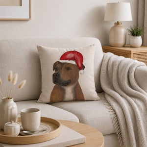 Staffy Christmas Hat Square Cushion