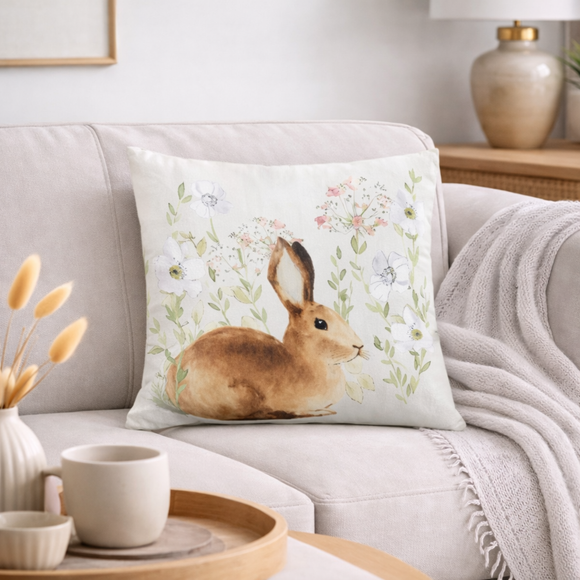 View Meadow Rabbit Floral Square Cushion View Meadow Rabbit Floral Square Cushion
