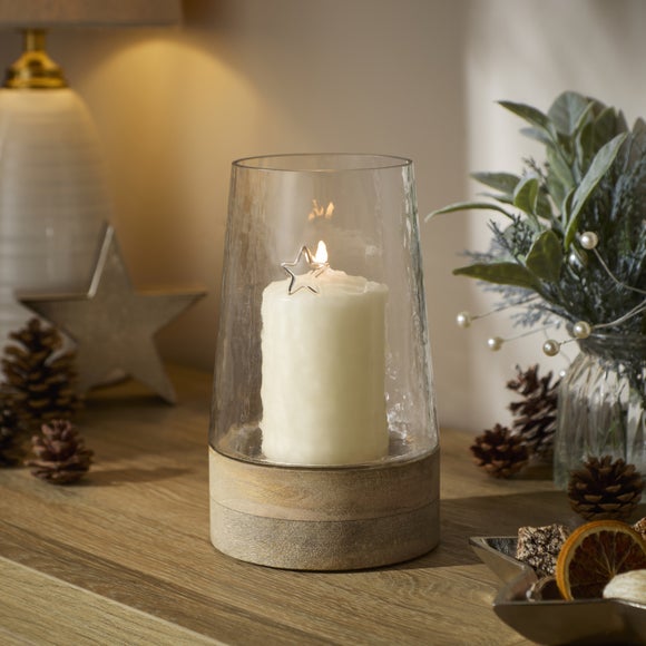 Embossed Star Glass & Wooden Hurricane Candle Holder