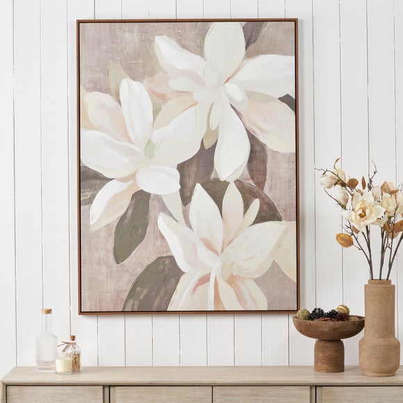 White & Natural Floral Framed Canvas