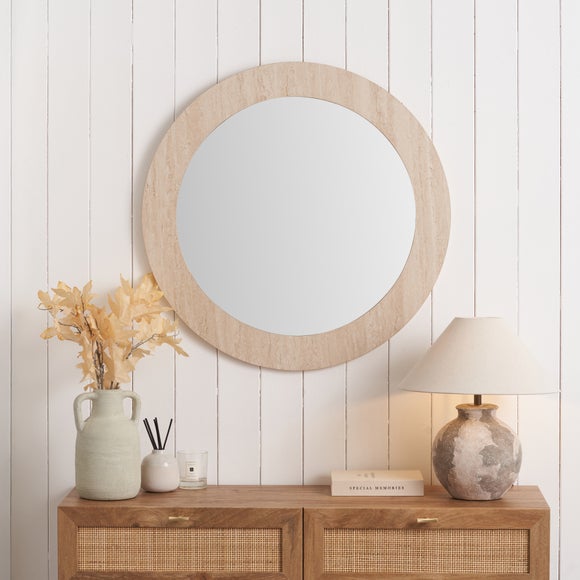 Travertine Effect Veneer Round Wall Mirror