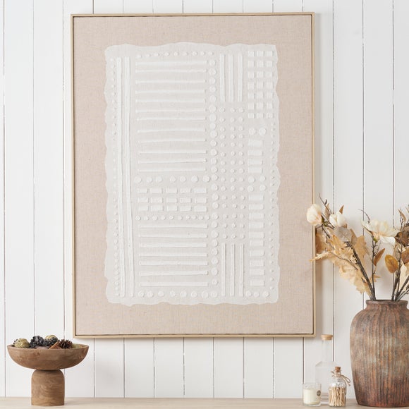 White & Natural Abstract Design Linen Framed Canvas