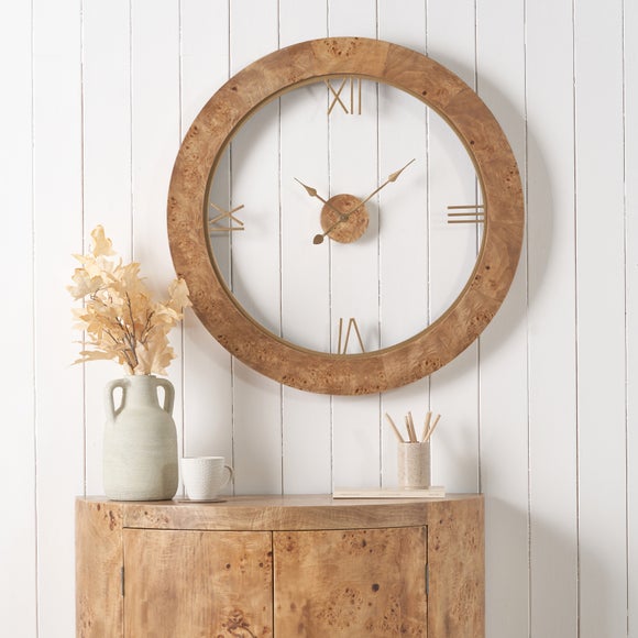 Click to view product details and reviews for Newborough Burr Wood Effect Open Face Round Wall Clock.