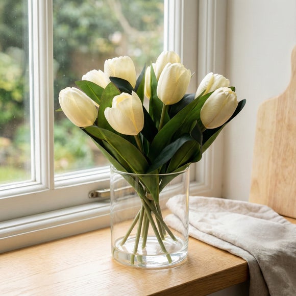 View Artificial Tulip Bouquet In Glass Vase View Artificial Tulip Bouquet In Glass Vase