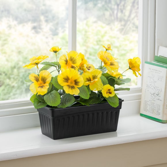 Artificial Pansies in Black Oblong Plant Pot