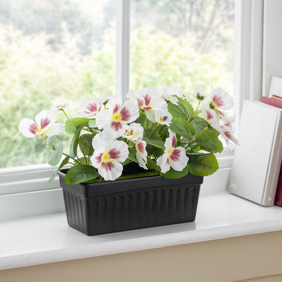 Artificial Pansies in Black Oblong Plant Pot