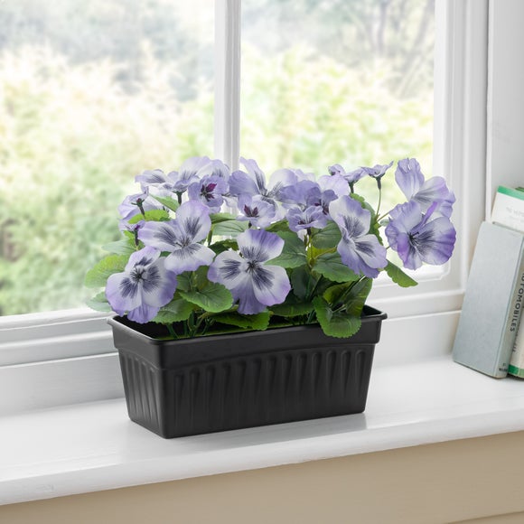 Artificial Pansies in Black Oblong Plant Pot