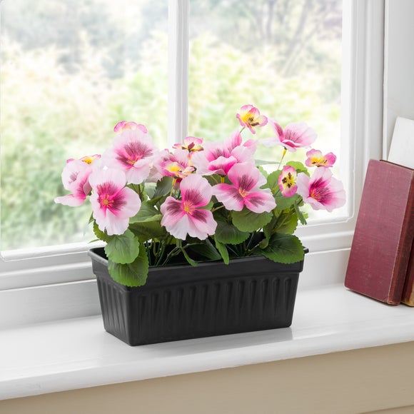 View Artificial Pansies In Black Oblong Plant Pot View Artificial Pansies In Black Oblong Plant Pot