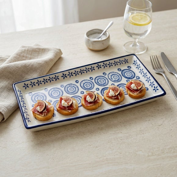 Blue & White Patterned Rectangular Decorative Plate