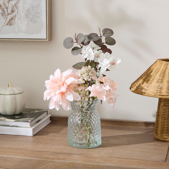 Artificial Dahlia & Foliage Arrangement in Geometric Glass Vase