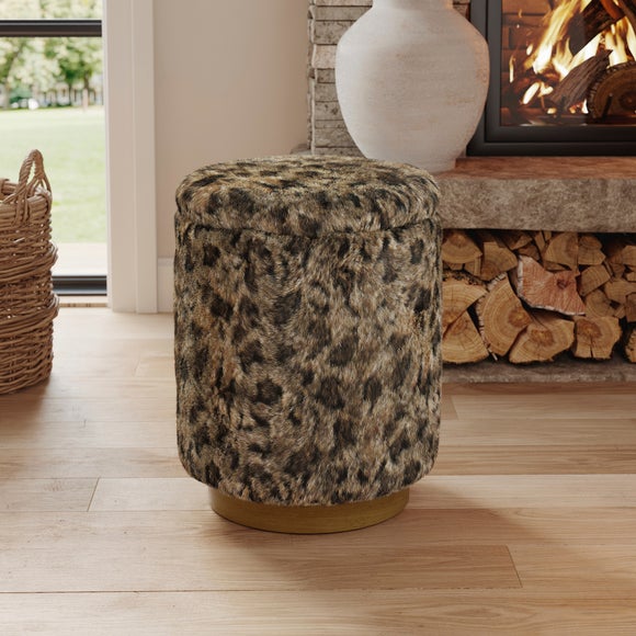 Leopard Print Faux Fur Round Storage Footstool