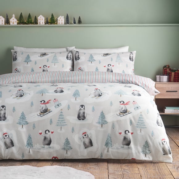 Catherine Lansfield Christmas Penguins 100% Brushed Cotton Duvet Cover & Pillowcase Set