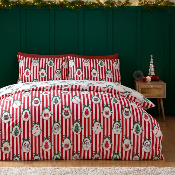 Catherine Lansfield Christmas Vintage Stripe Polycotton Duvet Cover & Pillowcase Set