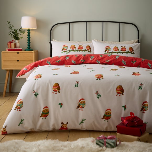 Catherine Lansfield Christmas Robins Polycotton Duvet Cover & Pillowcase Set