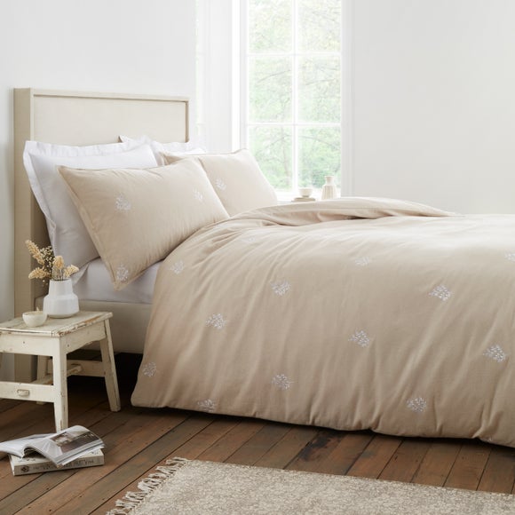 Bianca Fine Linens Embroidery Leaf 100% Brushed Cotton Duvet Cover & Pillowcase Set