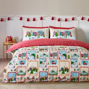 Catherine Lansfield Christmas Town Stamps Polycotton Duvet Cover & Pillowcase Set