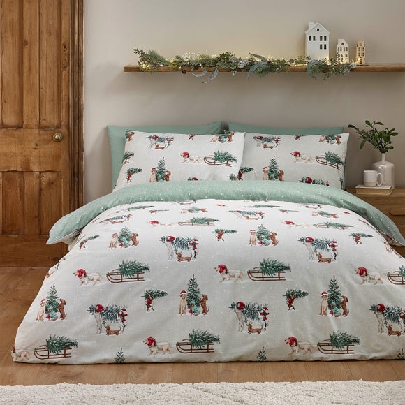 Catherine Lansfield Christmas Dogs 100% Brushed Cotton Duvet Cover & Pillowcase Set