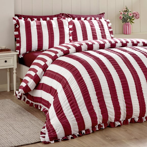 Catherine Lansfield Seersucker Frill Stripe Polycotton Duvet Cover & Pillowcase Set