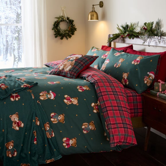 Catherine Lansfield Christmas Tartan Teddy Bear Duvet Cover & Pillowcase Set