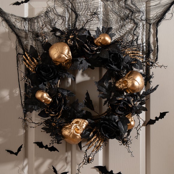 View Artificial Black Rose And Gold Skull Wreath View Artificial Black Rose And Gold Skull Wreath