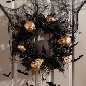 Artificial Black Rose And Gold Skull Wreath