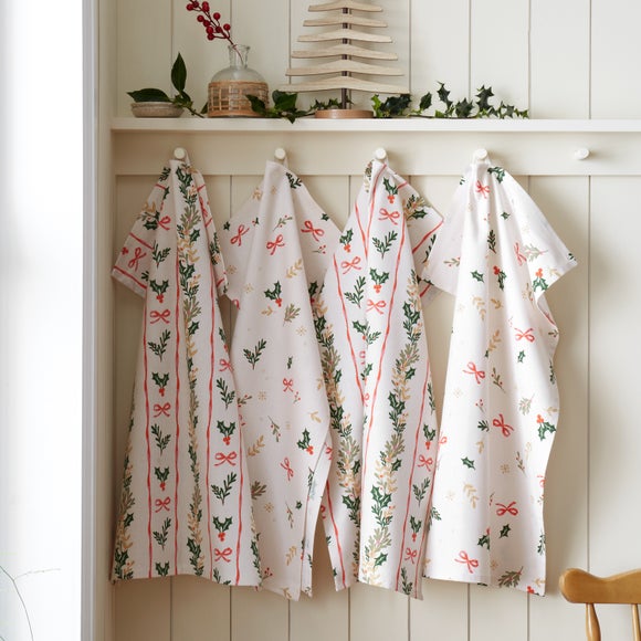 Catherine Lansfield Pack of 4 Christmas Holly Stripe Tea Towels