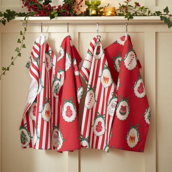 Catherine Lansfield Pack of 4 Christmas Vintage Stripe Tea Towels