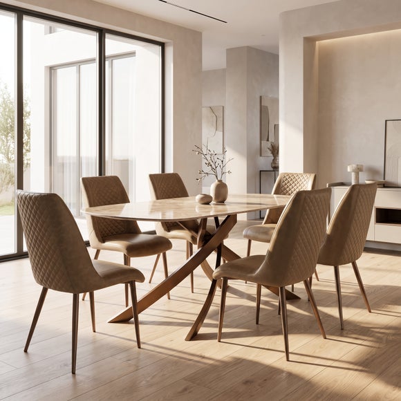 Fendi 6 Seater Dining Table with 6 Amber Faux Leather Dining Chairs
