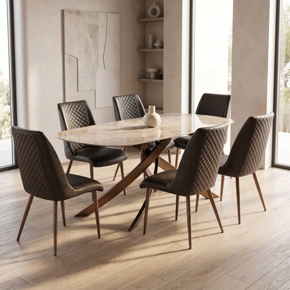 Fendi 6 Seater Dining Table with 6 Amber Faux Leather Dining Chairs