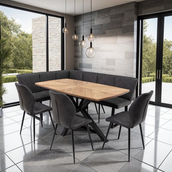 Hampton Dining Table with 3 Sheldon Faux Leather Dining Chairs and Corner Bench