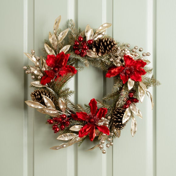 58cm Artificial Gold and Red Magnolia Wreath