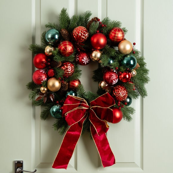 50cm Artificial Retro Bauble Wreath with Bow