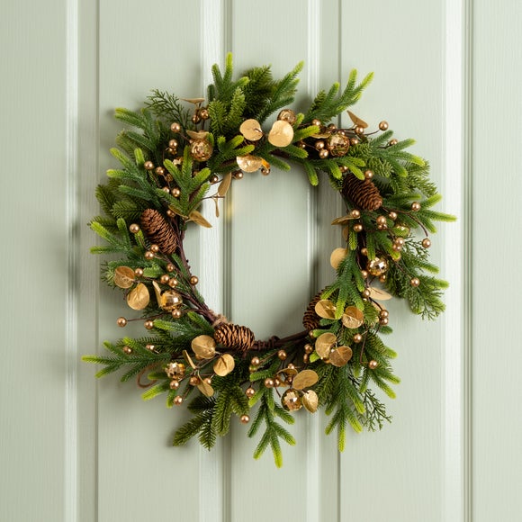 50cm Artificial Pine Gold Mirrorball and Eucalyptus Wreath