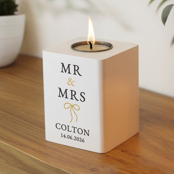 Personalised Mr and Mrs Wooden Tealight Holder