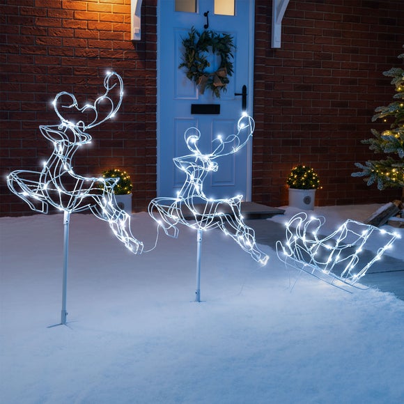 Wire LED Light Up Flying Reindeers and Sleigh