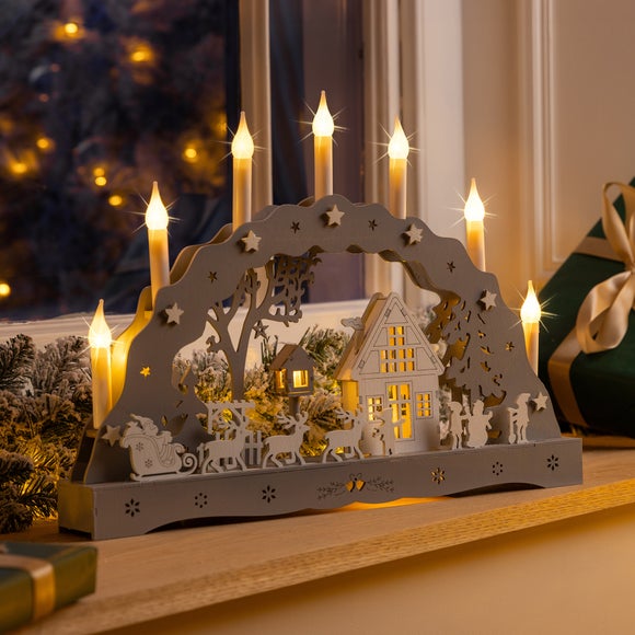 LED Light Up Wooden Winter Scene Candle Bridge