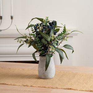 Artificial Eucalyptus And Berry Arrangement In Grey Ceramic Vase