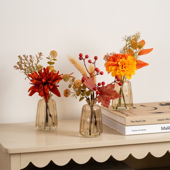 Set of 3 Artificial Autumnal Arrangements in Glass Vases