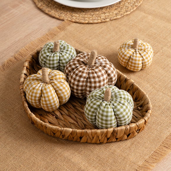 Set of 5 Gingham Decorative Fabric Pumpkins