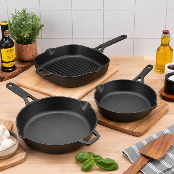 Prestige Set of 2 Cast Iron Frying Pans and Griddle Pan