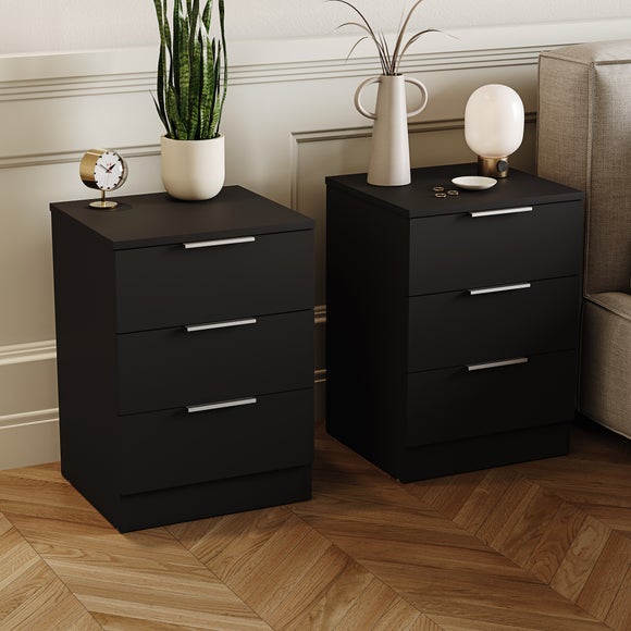 Return - Hayes Set of 2 3 Drawer Bedside Tables, Black