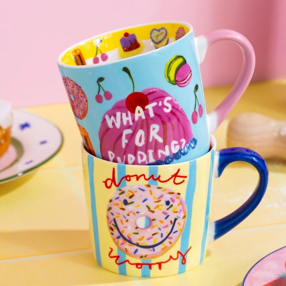 Eleanor Bowmer Set of 2 Donut Worry & What's For Pudding Mug Set