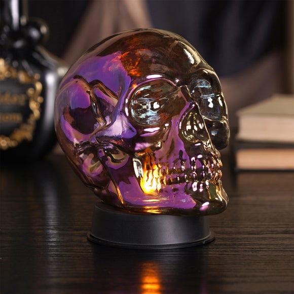 Hocus Pocus Irridescent Glass Skull With Neon Flickering Light