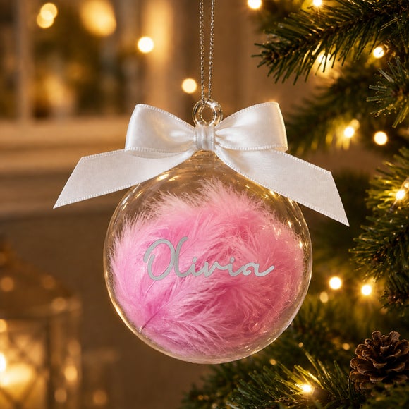 Personalised Pink Feather Bauble with Ribbon