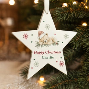Personalised Christmas Bear Wooden Star Decoration