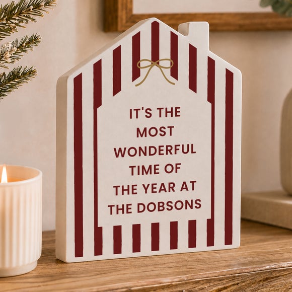 Personalised Red Striped Christmas Wooden House Ornament
