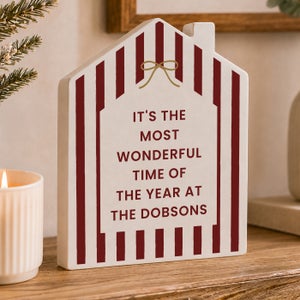 Personalised Red Striped Christmas Wooden House Ornament