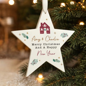 Personalised First Christmas In Your New Home Wooden Star Decoration