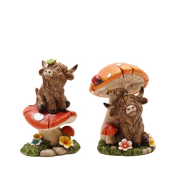 Country Living Set of 2 Highland Cows & Mushrooms Ornaments