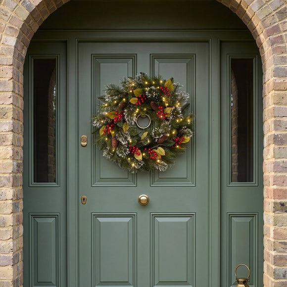 24" Artificial Pre-lit Frosted Pine Wreath